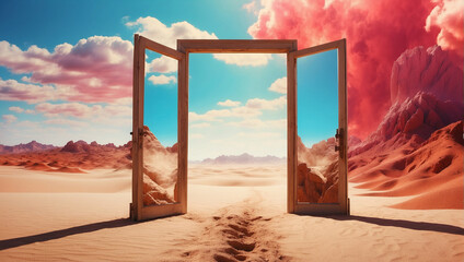 Opened door on desert Unknown and start up concept