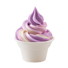 front view of honey lavender swirl soft serve ice cream in a white gelato cup isolated on a white transparent background