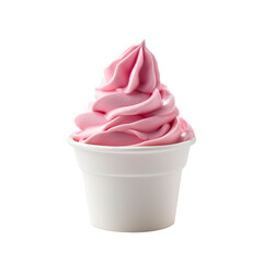 front view of lychee rose sorbet soft serve ice cream in a white gelato cup isolated on a white transparent background