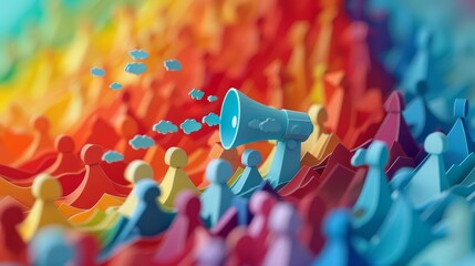 A vibrant and colorful illustration of a megaphone with speech bubbles over a diverse community symbolizing social media interaction. - obrazy, fototapety, plakaty