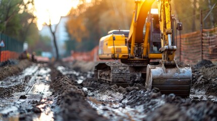 Fototapeta premium An excavator at work in a muddy construction site during sunset, illustrating heavy machinery in civil engineering.