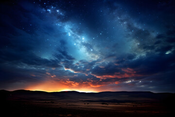 Fototapeta na wymiar High-luminosity Night Sky: A Riot of Stars, Nebulae, and Galaxy Dust Over a Silhouetted Landscape