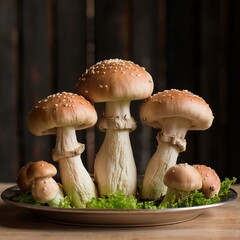 Mushrooms in a moss plate concept edible fungus food