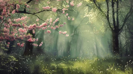 Gordijnen A forest filled with lots of pink flowers © Maria Starus