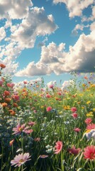 A field of colorful flowers under a cloudy blue sky
