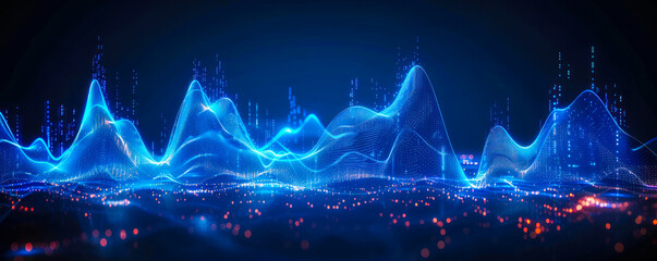 Dynamic and Vibrant Digital Waves Illustration with Particle Effects in Blue Hues Depicting Sound, Energy, or Data Flow in a Futuristic Concept - obrazy, fototapety, plakaty