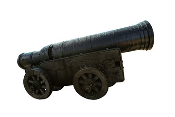 Cutout of an isolated old black cannon side view isolated with the transparent png