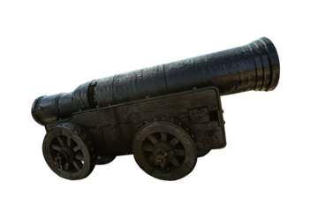 Cutout of an isolated old black cannon side view isolated with the transparent png