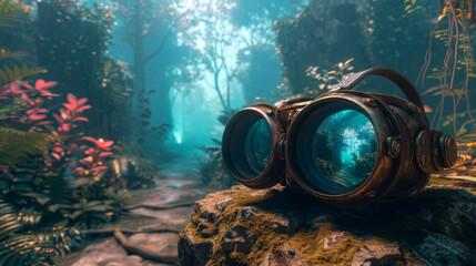 Rustic, vintage diving goggles rest on a rock amidst a mystical forest setting with ethereal lighting and vibrant flora.