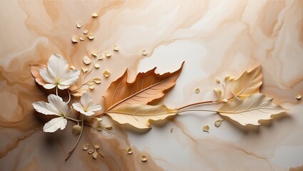 Golden Autumn Leaves on a Smooth Surface, Elegant, Seasonal Change Concept, Ideal for Backgrounds and Nature Themes with Copy Space