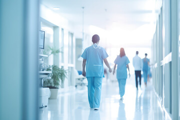 Medical Staff in Scrubs Walking Through Bright Hospital Hallway