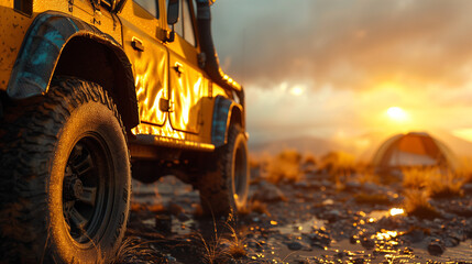 Camping tent close up concept of traveling on dirt roads on an off-road vehicle. - obrazy, fototapety, plakaty