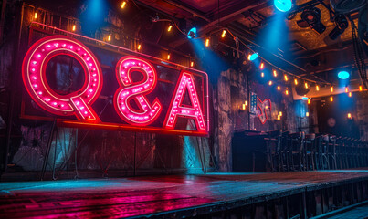 Vibrant neon Q&A sign on a stage with spotlights and festive bunting, symbolizing a live question and answer event, interactive session, or forum