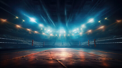 Empty Boxing Ring Under Arena Spotlight - obrazy, fototapety, plakaty