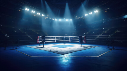 Professional Boxing Ring in Illuminated Arena - obrazy, fototapety, plakaty