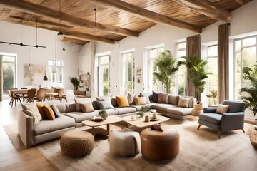 a comfortable family space with a mix of sofas in warm and inviting tones, creating an inviting and harmonious environment for shared moments and relaxation. - obrazy, fototapety, plakaty