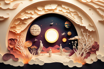 Papercut Illustration of Astronauts on Alien Planet