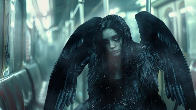 Portrait of a lost person with an black wings into the subway 