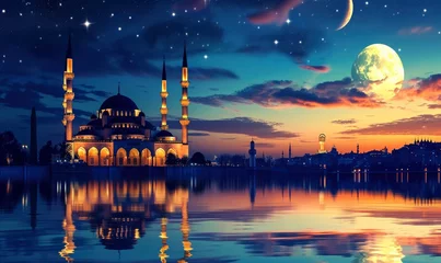 Tuinposter Modern design of mosque at night sky © Milan