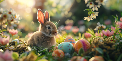 Fototapeta na wymiar Adorable bunny amidst Easter eggs and spring flowers basking in warm sunlight.