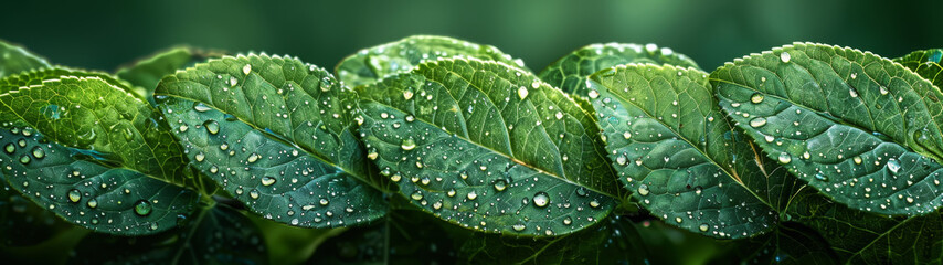 Row of Green Leaves With Water Droplets