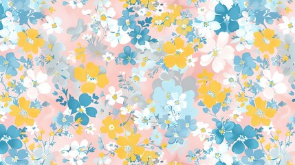 Fototapeta na wymiar Spring flowers in pastel pink blue yellow and white seamless repeating pattern