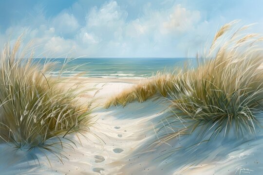 watercolor of Coastal dunes scene with grasses swaying in the breeze leading to a serene beach and the vast ocean beyond epitomizing coastal tranquility