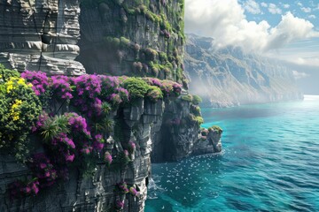 watercolor of Dramatic cliffs adorned with hanging gardens overlooking the ocean capturing the raw beauty of nature where land meets sea
