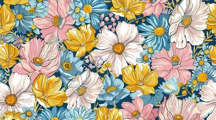 Fotobehang Spring flowers in pastel pink blue yellow and white seamless repeating pattern © Jennifer