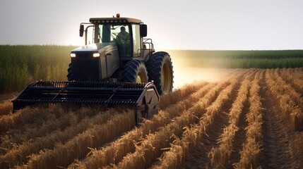 Naklejka premium Tractor Harvesting Wheat in Golden Sunset Light