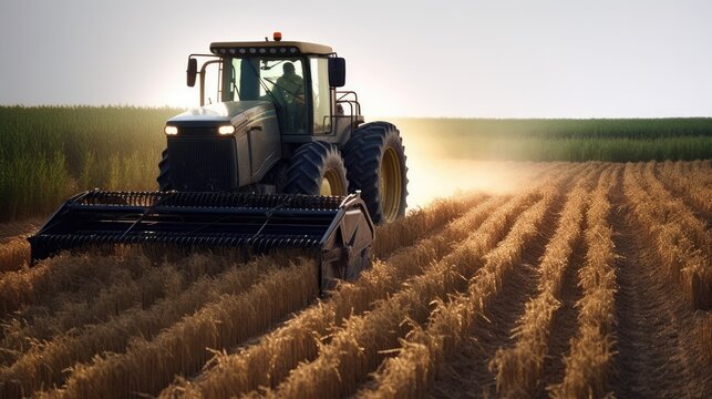 Tractor Harvesting Wheat in Golden Sunset Light
