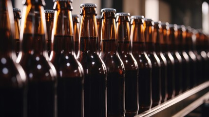 Brown Beer Bottles on Brewery Production Line - obrazy, fototapety, plakaty