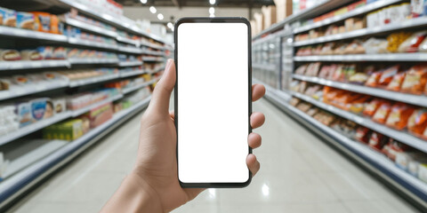 Shopping advertising advert concept. Mockup image of a person holding and showing black mobile phone with blank white desktop screen in supermarket shop with food shelves on background