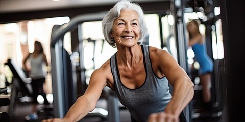Fototapeta premium With grace and perseverance, a senior woman enjoys the benefits of exercise in the gym, fostering physical and mental well-being