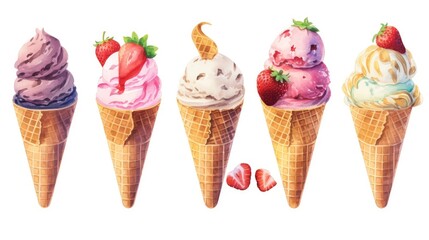Variety of Ice Cream Cones with Fresh Strawberries