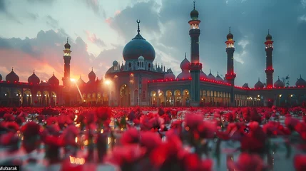 Foto op Plexiglas The phrase "Eid Mubarak" depicted prominently amidst a vivid red and white scene, captured with precision using an HD camera © coco