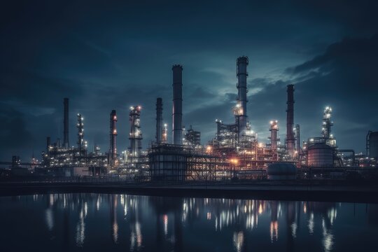 Illuminated Industrial Refinery at Twilight