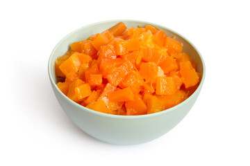 Homemade pumpkin jam in a bowl on a white background. Natural organic fruit jam.