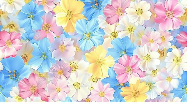 Spring flowers in pastel pink blue yellow and white seamless repeating pattern