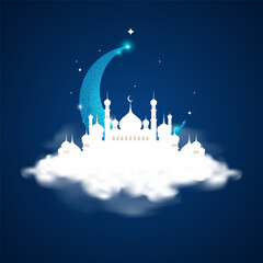 The mosque with clouds and a beautiful crescent moon