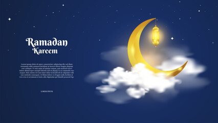 Ramadan with beautiful golden crescent moon and white clouds 