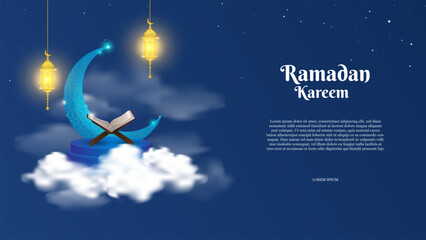 Ramadan background with beautiful blue crescent and clouds