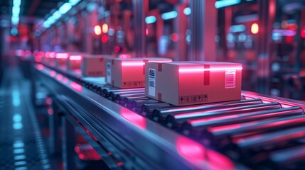 Futuristic Automated Warehouse Conveyor System illuminated by red neon lights