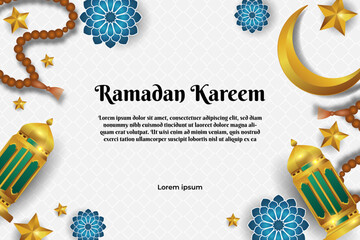 beautiful decorations ramadan with golden lantern, crescent moon, and prayer beads. background template
