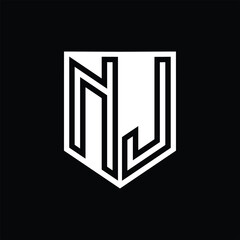 NJ Letter Logo monogram shield geometric line inside shield design template