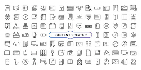 Fototapeta na wymiar Set of content creator icon set illustration. Linear icon collection. Minimalist linear web icons bundle.