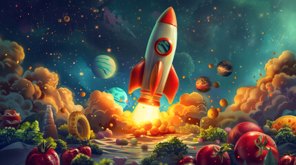 Fototapeta na wymiar A delightful cartoon rocket ship blasting off into a food-filled universe