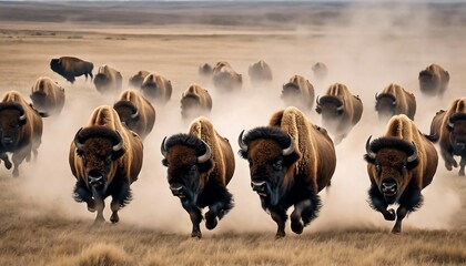 Symphony of Strength: Bison Charge Across the Plains - obrazy, fototapety, plakaty