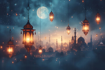 Modern Islamic holiday banner suitable for Ramadan, Raya Hari, Eid al-Adha and Mawlid. A lit lantern on an evening background. - obrazy, fototapety, plakaty
