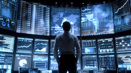 A detailed scene of a finance professional analyzing investment portfolios and market data on multiple high-definition screens, showcasing the complexity and growth potential in the world of finance
